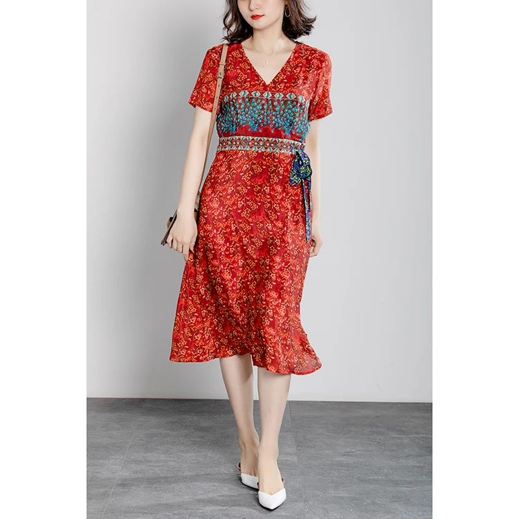 Women Summer Silk Dress V neck Red Vintage Natural silk dresses Elegant Dress Casual holiday real silk floral print dress
Women Summer Silk Dress V neck Red Vintage Natural silk dresses Elegant Dress Casual holiday real silk floral print dress