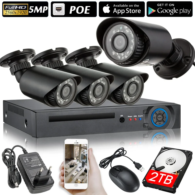 

2560x1920 5.0MP POE 4CH NVR Kit CCTV System IP Camera IR IP66 Outdoor Weatherproof Video Security Surveillance Set P2P HDD