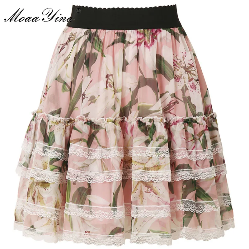 MoaaYina летняя и осенняя новая кружевная юбка с принтом лилии элегантная шифоновая |