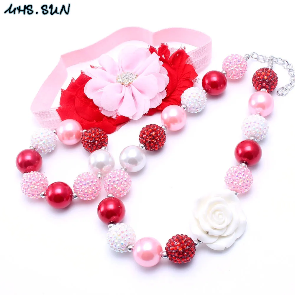 

MHS.SUN Princess Kid Bubblegum Chunky Bead Necklace Pretty Color Girl Children Chunky Kid Headband Necklace&Bracelet Jewelry Set