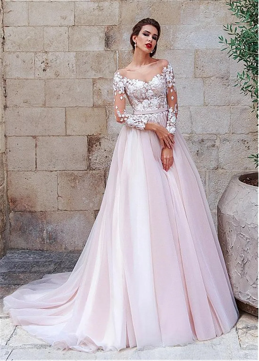 Pink Exquisite Tulle Scoop Neckline A-line Wedding Dress Lace Appliques Robe De Mariee Long Sleeves Sofuge 2019 Boho Suknia
Pink Exquisite Tulle Scoop Neckline A-line Wedding Dress Lace Appliques Robe De Mariee Long Sleeves Sofuge 2019 Boho Suknia
