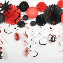 

16pcs Black Red Paper Crafts Decoration Kit Paper Lanterns Fans Pinwheels Tissue Pom Poms Spooky Foil Swirls Halloween Party