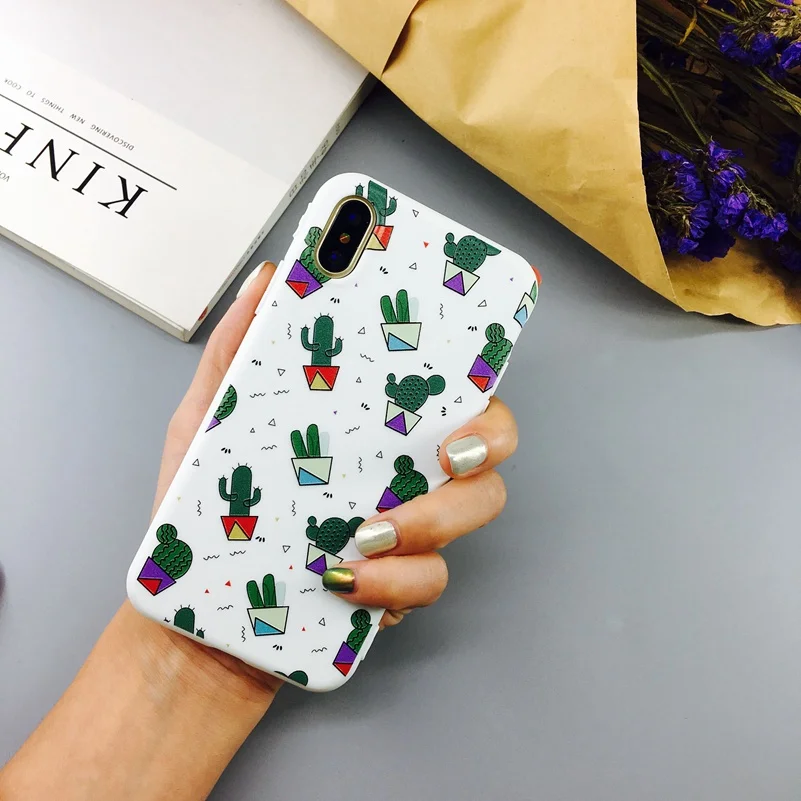 Mouplayca Candy Color Art Leaf Print Phone Case for iPhone X 6 6s 7 8 Plus Cactus Plants Fashion Soft TPU Rubber Silicon Cover