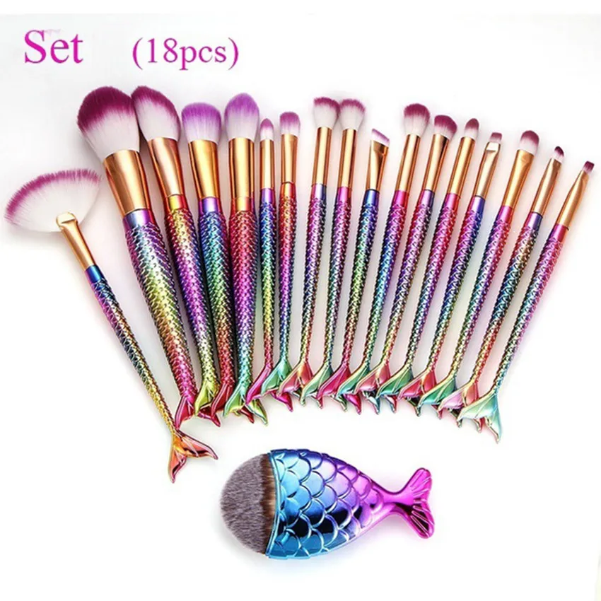 

Hot Sale 18PCS Mermaid Make Up Brush Foundation Eyebrow Eyeliner Lip Blush Cosmetic Concealer Brushes Fish Makeup Brushes Set