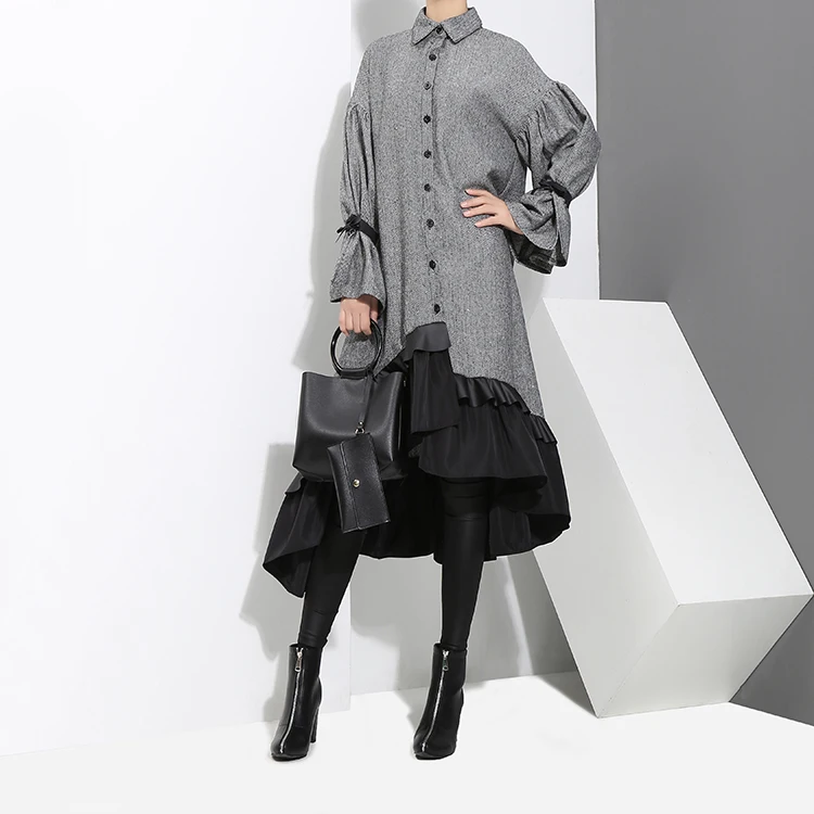 2020 Autumn Winter Women Plus Size Gray Shirt Dress Midi Long Sleeve Patchwork Thick Warm Ruffled Elegant Party Dress Style 3073 2020 Autumn Winter Women Plus Size Gray Shirt Dress Midi Long Sleeve Patchwork Thick Warm Ruffled Elegant Party Dress Style 3073