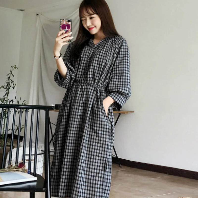 Women Summer Long Plaid Straight Shirt Dress Long Sleeve V-neck Vestidos Drawstring Loose Plus Size Black Robe Femme
Women Summer Long Plaid Straight Shirt Dress Long Sleeve V-neck Vestidos Drawstring Loose Plus Size Black Robe Femme