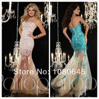 2014 Free Shipping Summer Blue Pink Lace Crystal Sweetheart Sheer Mermaid Prom Evening Gown Dresses Tulle A1741