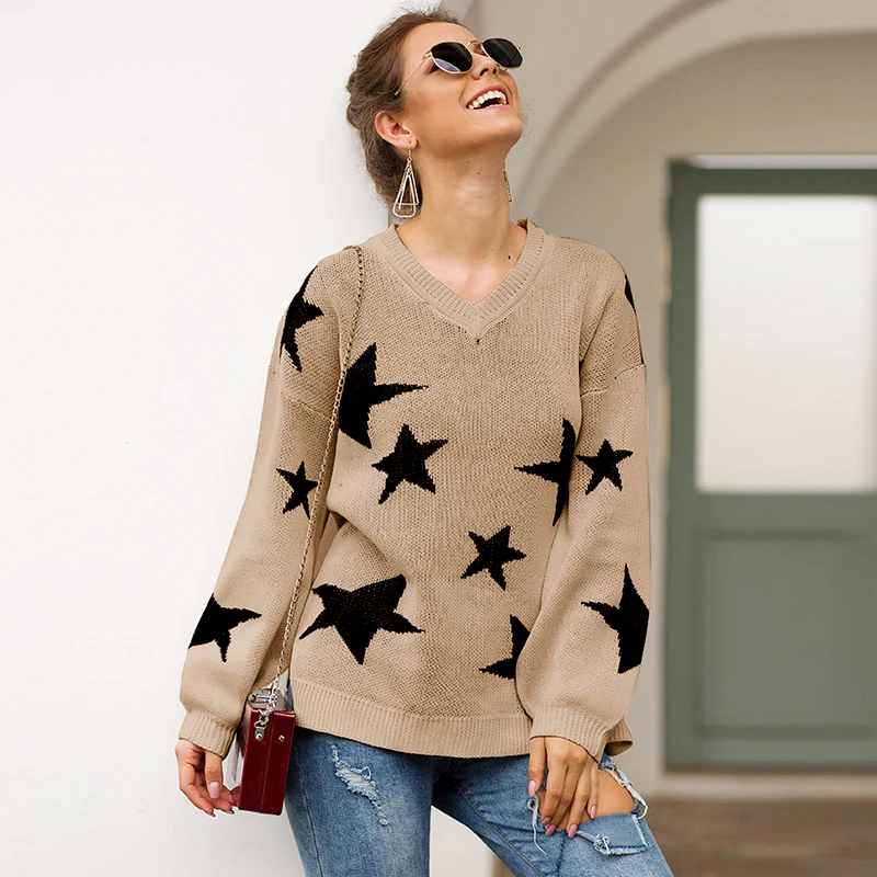 Women New Autumn Knitted Sweater Contrast Star Printed V Neck Dropped Shoulder Long Sleeve Loose Casaul Knitwear Pullover Tops
Women New Autumn Knitted Sweater Contrast Star Printed V Neck Dropped Shoulder Long Sleeve Loose Casaul Knitwear Pullover Tops