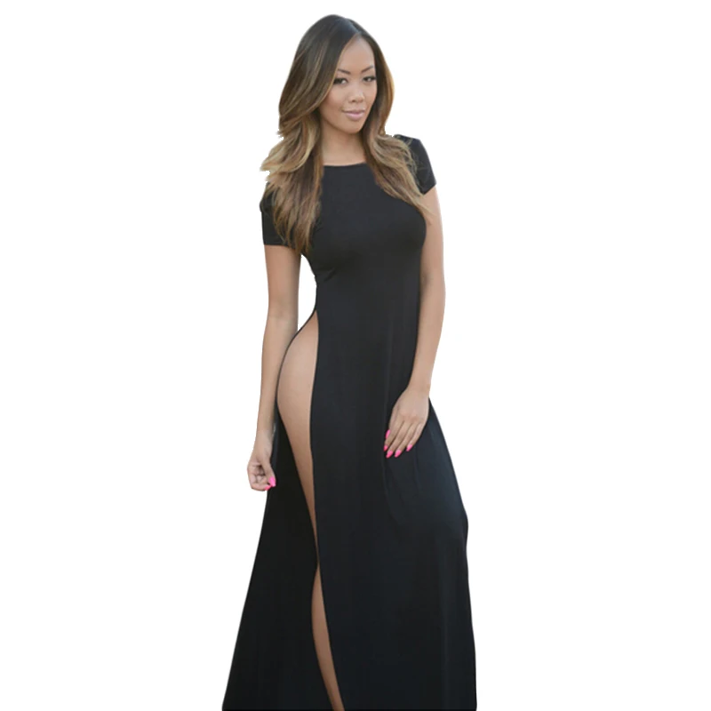 

Black Sexy Split Furcal Maxi Long Dress Women 2016 Summer Short Sleeve O-neck Solid Fashion Femme Vestidos Fit and Flare AX195