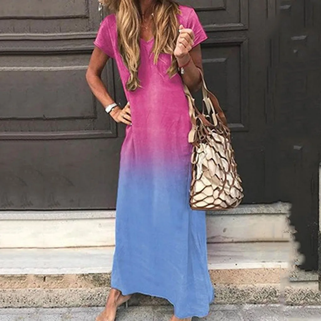 2019 linen solid dress Women V-Neck Short Sleeve Tie-dye Gradient Print Maxi Color Block Bohemia Dress Vestido de verano #f 
2019 linen solid dress Women V-Neck Short Sleeve Tie-dye Gradient Print Maxi Color Block Bohemia Dress Vestido de verano #f