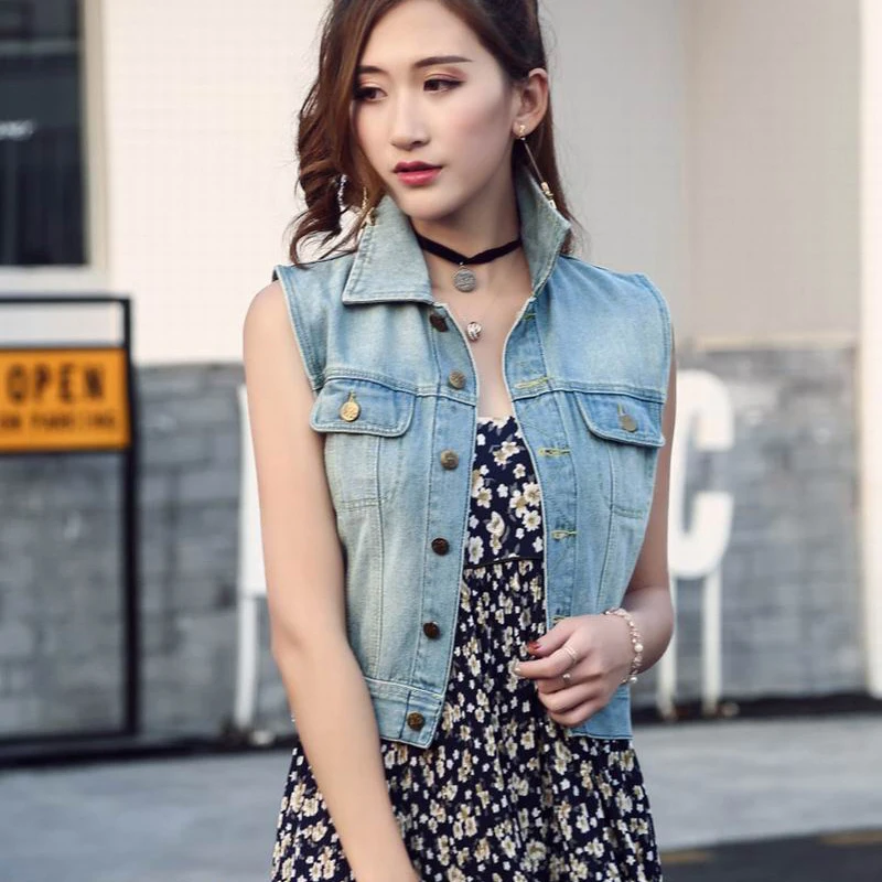 2018 New Spring Summer Women's Jackets Cotton Vest Sleeveless Denim Solid Casual Vintage Blue Embroidery Waistcoat Size S-L | Женская