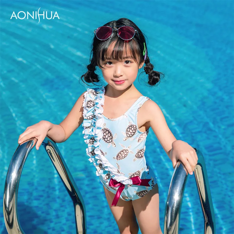 

AONIHUA Laciness Bow Tie Swimsuit One Piece Beauty Girl swim suit For Travel Beach Batching Suit With Hat 2-12 Years