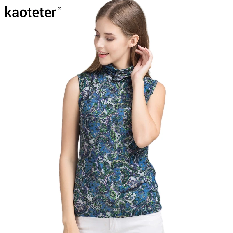 Image 30% Silk 70% Wool Women s Sleeveless T shirts Summer Female Print Women Turtleneck Wild Warm Bottomming Fashion Woman