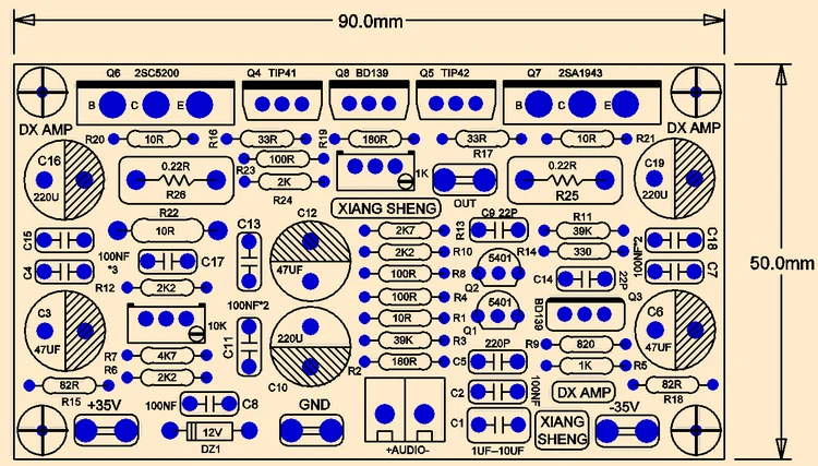 2 шт. DX AMP 100 Вт 4R аудио моно усилитель доска на 5200 1943 + TIP41 / TIP42 2N5401 дифференциальный