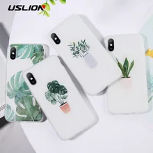 USLION ירוק עציץ עלה טלפון מקרה עבור iPhone 11 פרו מקסימום X XS Max XR מקרה עבור iPhone 6 7 6S 8 בתוספת רך TPU ברור כיסוי(China)
