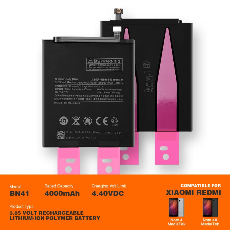 Original BN41 Xiaomi Redmi Note 4X 4GB 64GB MTK Battery Charging Batteries 4100mAh Capacity Lithium Polymer Replacement Parts
Original BN41 Xiaomi Redmi Note 4X 4GB 64GB MTK Battery Charging Batteries 4100mAh Capacity Lithium Polymer Replacement Parts