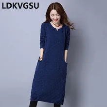 Otoño Invierno Retro tamaño grande Color puro vestido de mujer 2018 nuevo Casual manga larga suelta medio largo vestido de mujer M-3XL is944(China)