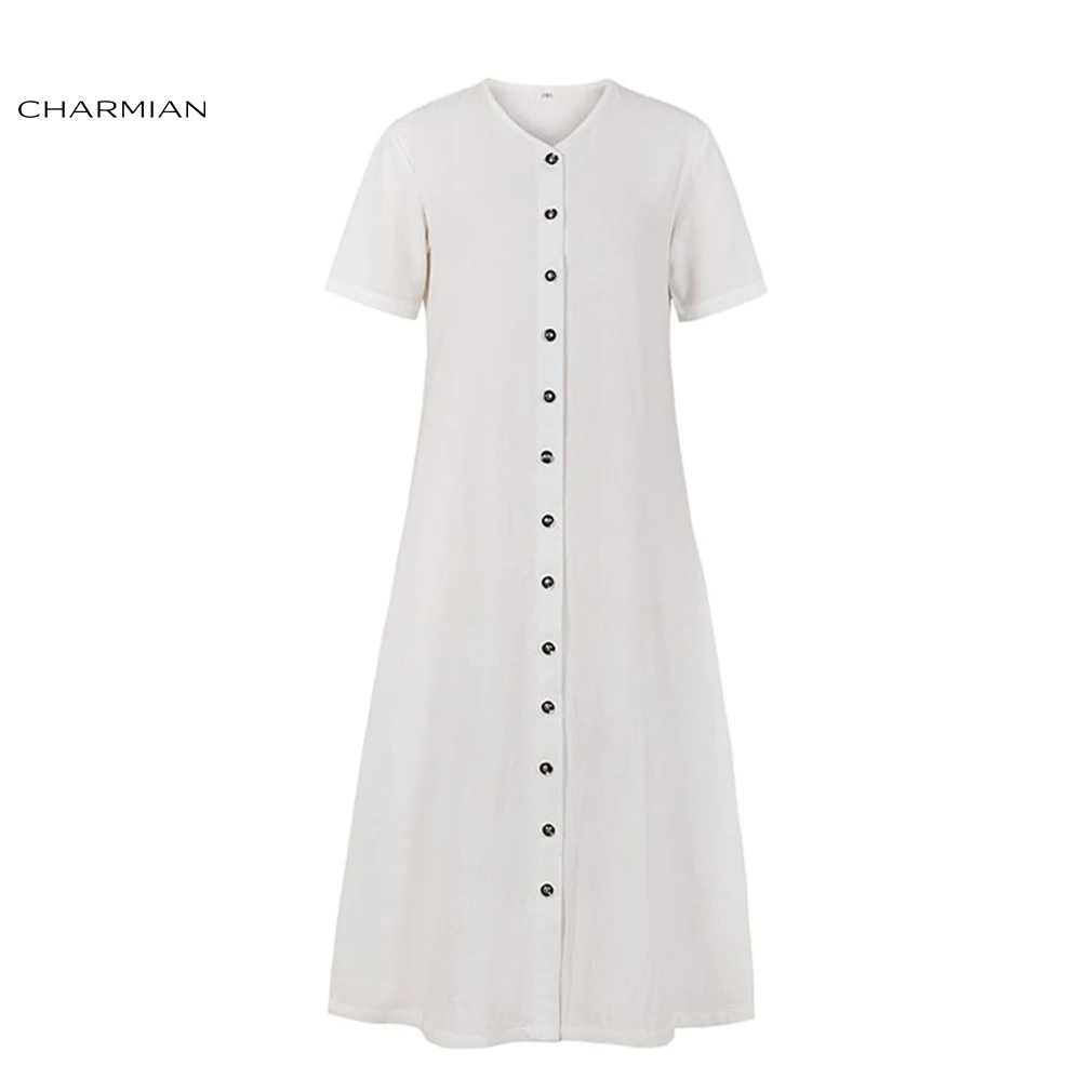 Фото Женское простое белое хлопковое платье-кардиган с коротким рукавом Charmian летнее