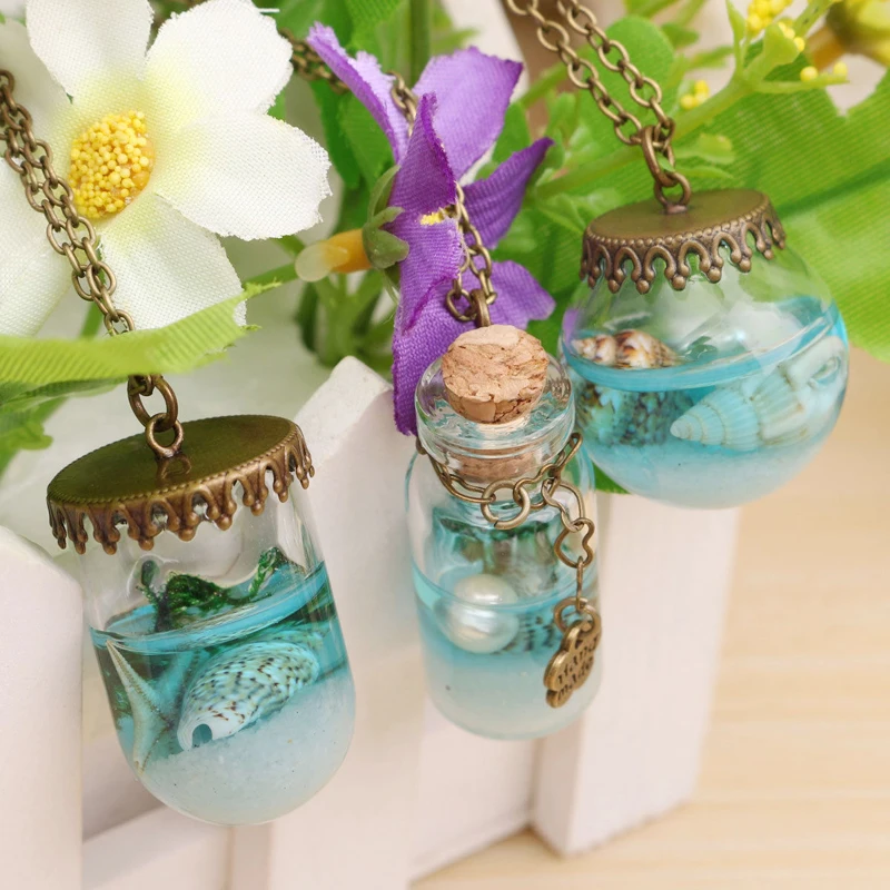 Vintage Mermaid Tears Shells Star Vial Necklace Shellhard Blue Sea Ocean Glass Wish Bottle Necklaces & Pendants Unisex Jewelry