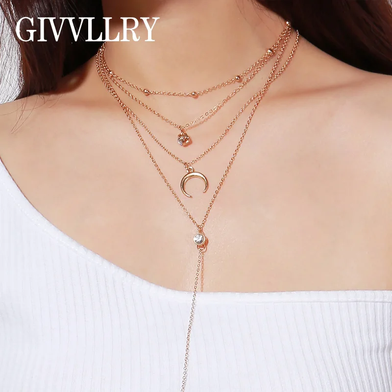 

GIVVLLRY Elegant Multilayers Chain Necklace Fashion Jewelry Minimalist New Moon Rhinestones Crystal Pendant Necklaces for Women