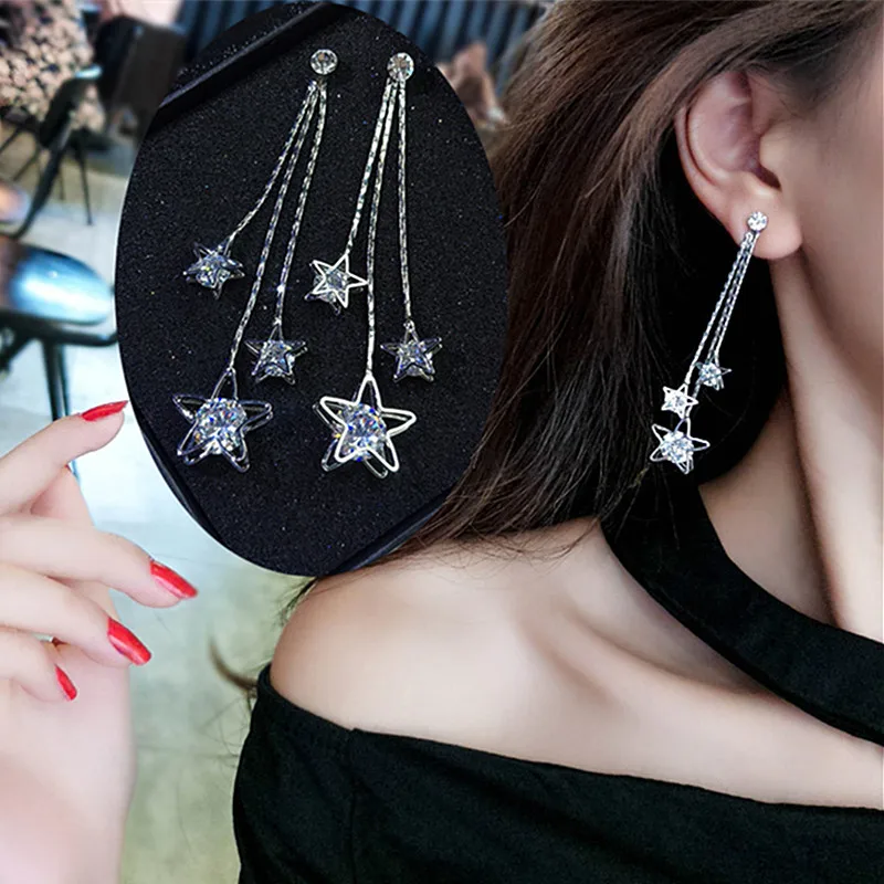Stylish Gold/ Silver Color Star Tassel Long Crystal Earrings Shiny Zircon Star Temperament Brincos Women Girl Jewelry Gifts
Stylish Gold/ Silver Color Star Tassel Long Crystal Earrings Shiny Zircon Star Temperament Brincos Women Girl Jewelry Gifts