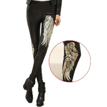 Spring and Autumn wings sequins 2017 new sexy charming wings bronzing sequins leather pants women wear PU pants legs pants