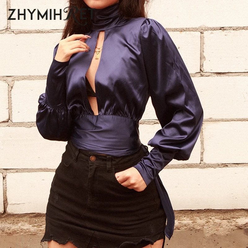 ZHYMIHRET Autumn Hollow Out Satin Blouse Shirt Women Backless Crop Tops Turtleneck Lantern Sleeve Tie Back Blusas Mujer De Moda
ZHYMIHRET Autumn Hollow Out Satin Blouse Shirt Women Backless Crop Tops Turtleneck Lantern Sleeve Tie Back Blusas Mujer De Moda