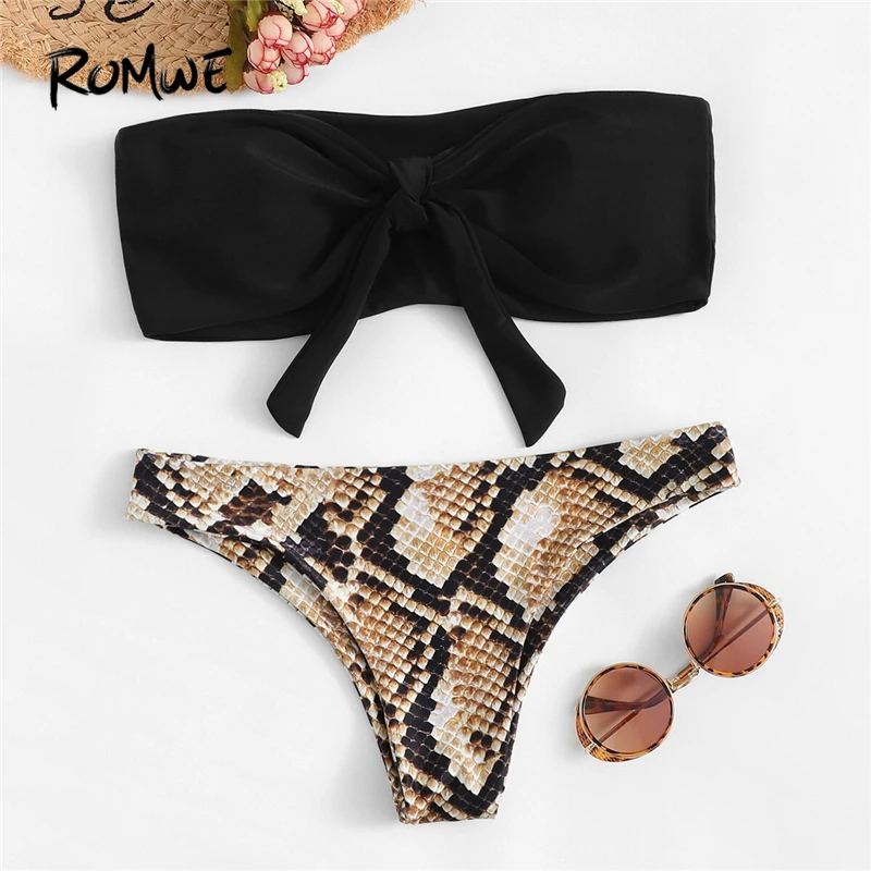 

Romwe Sport Bikinis Set Sexy Tie Front Bandeau With Snakeskin Print Bottoms Swimsuit Women Summer Wire Free Low Rise Swimwear