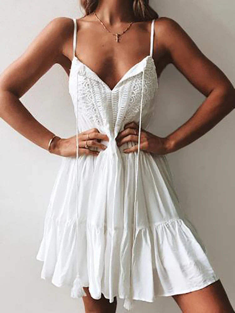 White V-neck Sexy Strap Women's Dresses 2019 Sleeveless Lace Up Ruffles Mini Dress Sweet Ladies Party Dresses Robe Femme
White V-neck Sexy Strap Women's Dresses 2019 Sleeveless Lace Up Ruffles Mini Dress Sweet Ladies Party Dresses Robe Femme