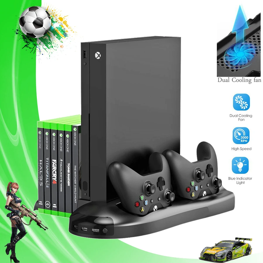 For Xbox One X 5 in 1 Vertical Stand Cooling Fan with Controller Charger Charging Dock Station Game Discs Storage + 3 USB Ports |