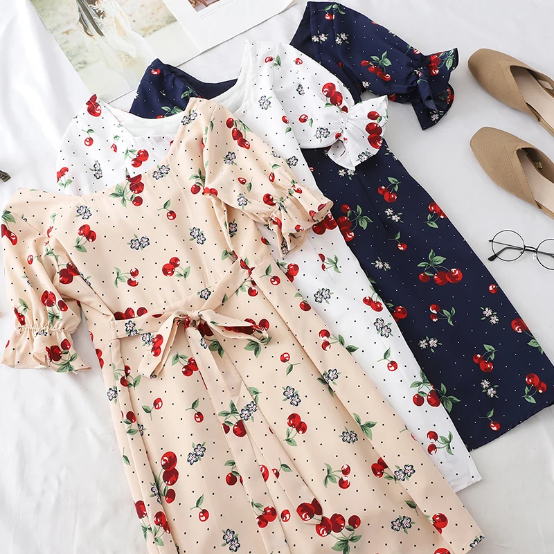 Summer Women Bohemian Cherry Print Dress Casual Sweet Short Sleeve Lace Up Midi Dresses Streetwear Female A-line Party Dress
Summer Women Bohemian Cherry Print Dress Casual Sweet Short Sleeve Lace Up Midi Dresses Streetwear Female A-line Party Dress