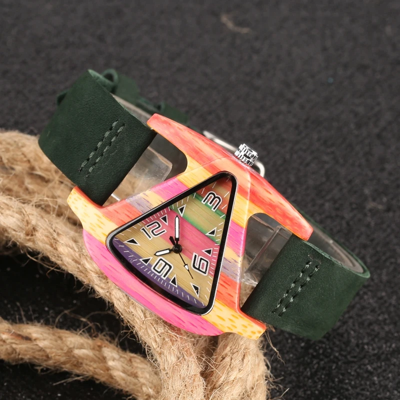 Relógio de madeira colorido exclusivo criativo em forma de triângulo relógio de horas relógio feminino de couro de quartzo pulseira de pulso feminino Reloj Mujer (33)