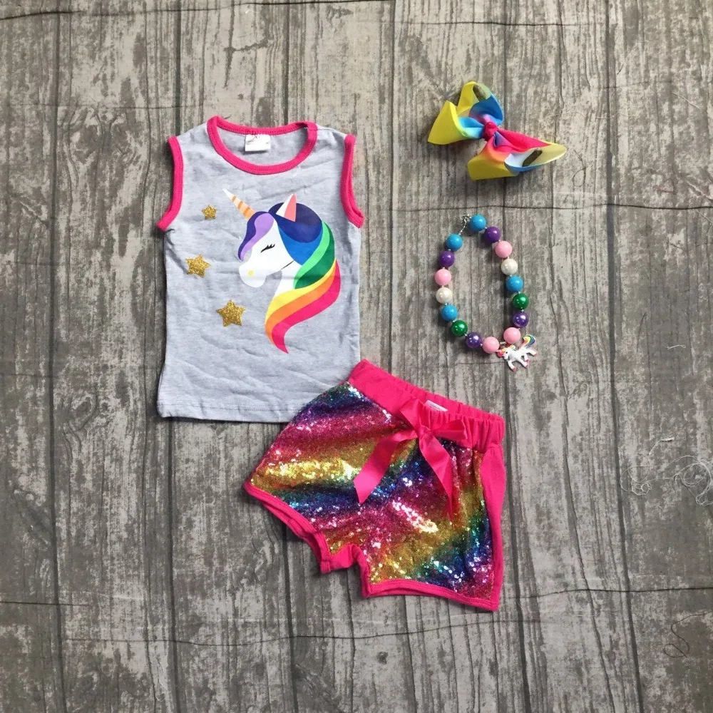 2018 new arrivals Summer outfit hot pink unicorn shorts set grey Sequins boutique baby kids wear with matching accessories sets
2018 new arrivals Summer outfit hot pink unicorn shorts set grey Sequins boutique baby kids wear with matching accessories sets