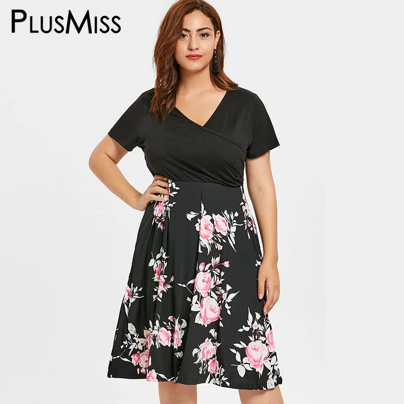 

PlusMiss Plus Size 5XL Summer Boho Floral Printed Dress Women Big Size XXXXL XXXL Bohemia Short Sleeve Party Dresses Sundress