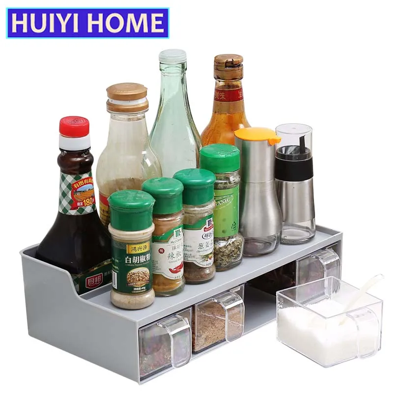 Kitchen Storage Box Multifunctional 4 Grid Transparent Seasoning Box With Spoon EGN118