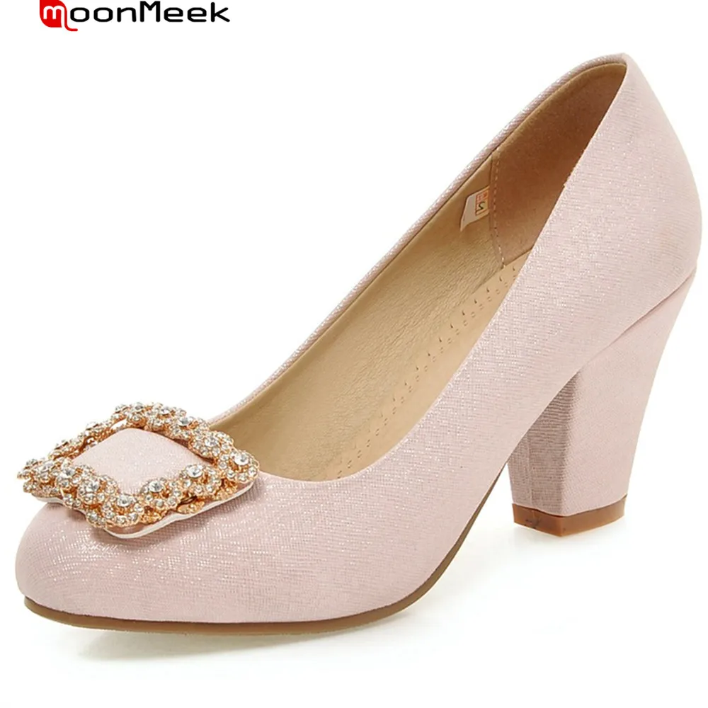 MoonMeek spring summer round toe shallow slip on pumps women shoes high heel with metal decoration square heel ladies shoes