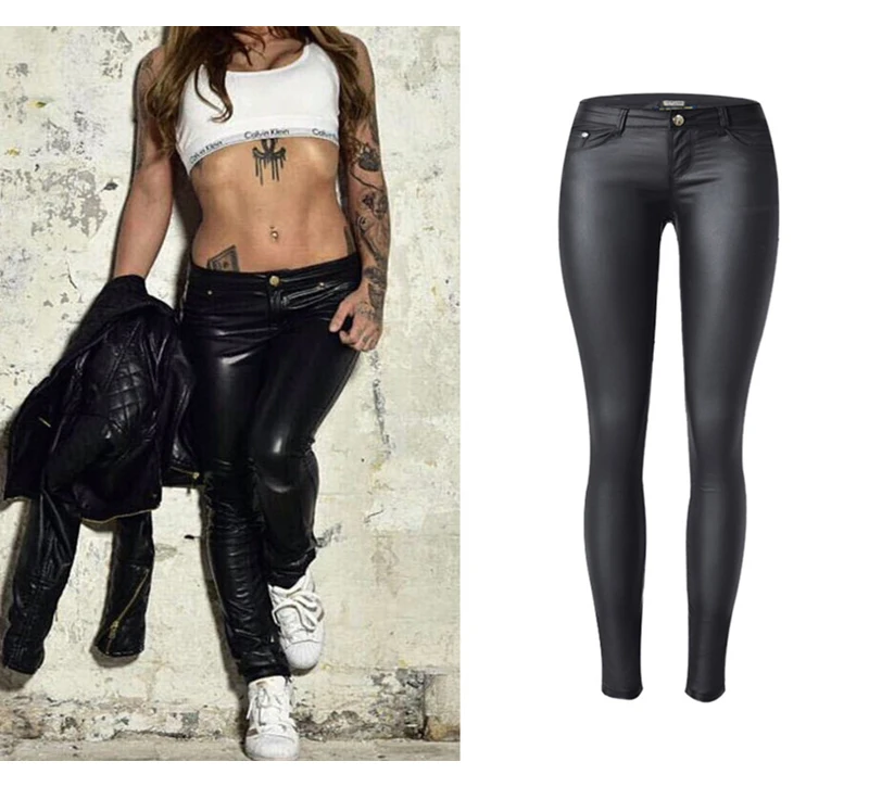 2017 High Quality Fashion Women Clothing Low Waist Slim Faux Leather Jeans Pants Lady Sexy Skinny PU Leather Long Jeans Leggings (2)