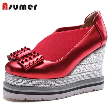 ASUMER HOT 2020 fashion genuine leather+stretch fabric pumps women wedges platform rivet slip-on summer shoes female party shoes
ASUMER HOT 2020 fashion genuine leather+stretch fabric pumps women wedges platform rivet slip-on summer shoes female party shoes