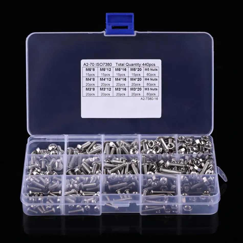 440pcs/Set M3 M4 M5 Stainless Steel SS304 Hex Socket Button Head Bolts Screws and Nuts Assortment High Quality
440pcs/Set M3 M4 M5 Stainless Steel SS304 Hex Socket Button Head Bolts Screws and Nuts Assortment High Quality