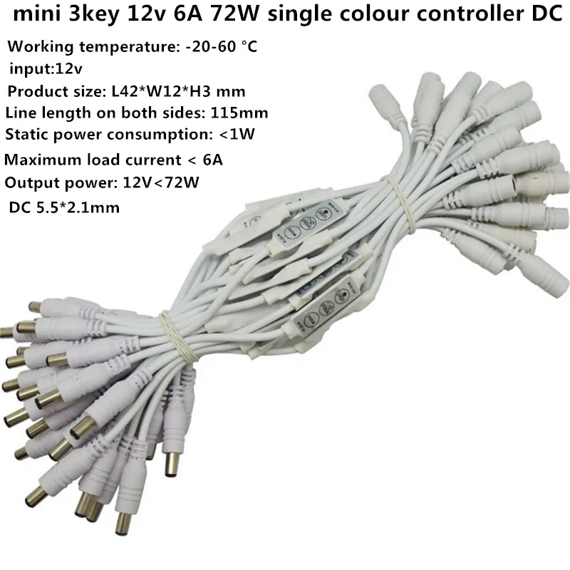 DC12V-24V 6A 72W Mini Inline 3Key LED Dimmer Controller with DC Connector for 3528 5050 5630 2835 3014 Single Color Strip
DC12V-24V 6A 72W Mini Inline 3Key LED Dimmer Controller with DC Connector for 3528 5050 5630 2835 3014 Single Color Strip