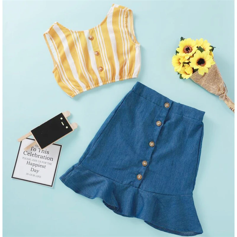 Two Piece Set Toddler Kids Baby Girls Clothes O Neck Striped Crop Tops Button Denim Skirt Fashion Casual Outfit Summer
Two Piece Set Toddler Kids Baby Girls Clothes O Neck Striped Crop Tops Button Denim Skirt Fashion Casual Outfit Summer