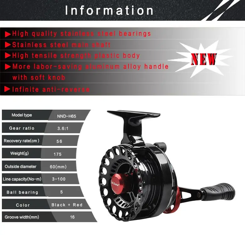 Mr.Charles New NND-H65 Gear ratio 3.6:1Semimetal Fishing Left/Right Hand Fly Fishing Reel Raft Ice Fishing Reel Fly Reel 11