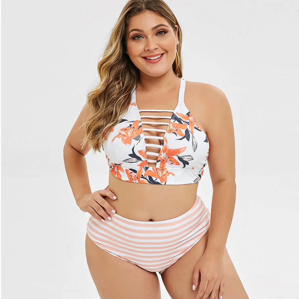 

Rosegal Bikini Floral Stripes Criss Cross Strappy Plus Size Bikini Set V Neck Padded Swimsuit Women Swimwear Beach Bathing Suit