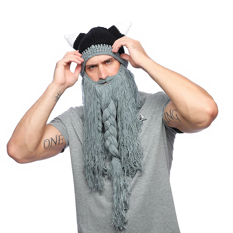 Men\`s Barbarian Vagabond Viking Beard Beanie Horn Hats Handmade Winter Warm Birthday Cool Gifts Funny Gag Halloween Cap