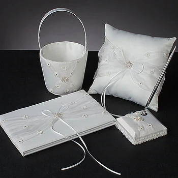White Color Satin Wedding Collection Set With Rhinestones (Set of 4 ) Wedding Guestbook Ring Pillow Pen Set and Flower Basket
White Color Satin Wedding Collection Set With Rhinestones (Set of 4 ) Wedding Guestbook Ring Pillow Pen Set and Flower Basket