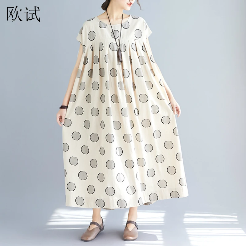 Plus Size Vintage Polka Dot Print Dress Summer Women Cotton Korean Dress Short Sleeve Casual Loose Robe Retro Long Dresses 2019
Plus Size Vintage Polka Dot Print Dress Summer Women Cotton Korean Dress Short Sleeve Casual Loose Robe Retro Long Dresses 2019
