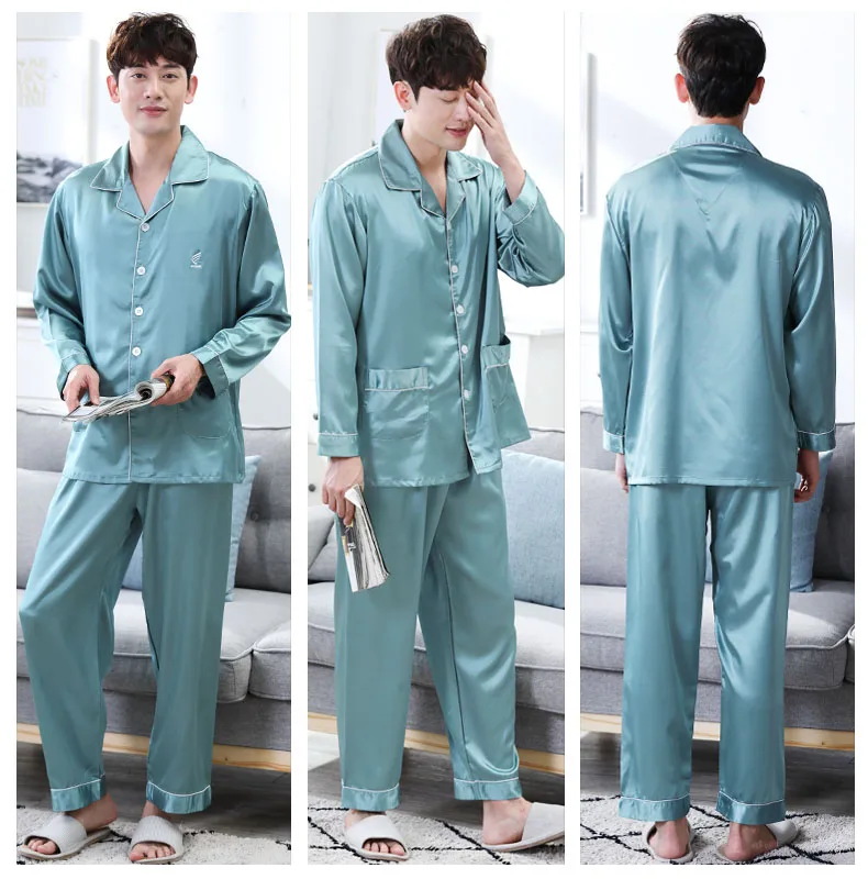 CherLemon High Quality Silk Men Pajamas Sleepwear Long-Sleeved Silk Satin Nightwear Soft Spring Autumn Pyjamas Plus Size M-4XL 38