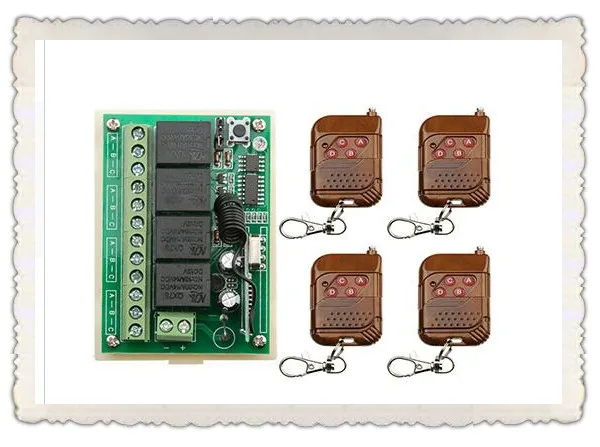 DC12V 4CH 10A беспроводной пульт дистанционного управления, 1 приемник + 4 передатчика, код обучения, мгновенное переключение, отрегулированное
DC12V 4CH 10A беспроводной пульт дистанционного управления, 1 приемник + 4 передатчика, код обучения, мгновенное переключение, отрегулированное
