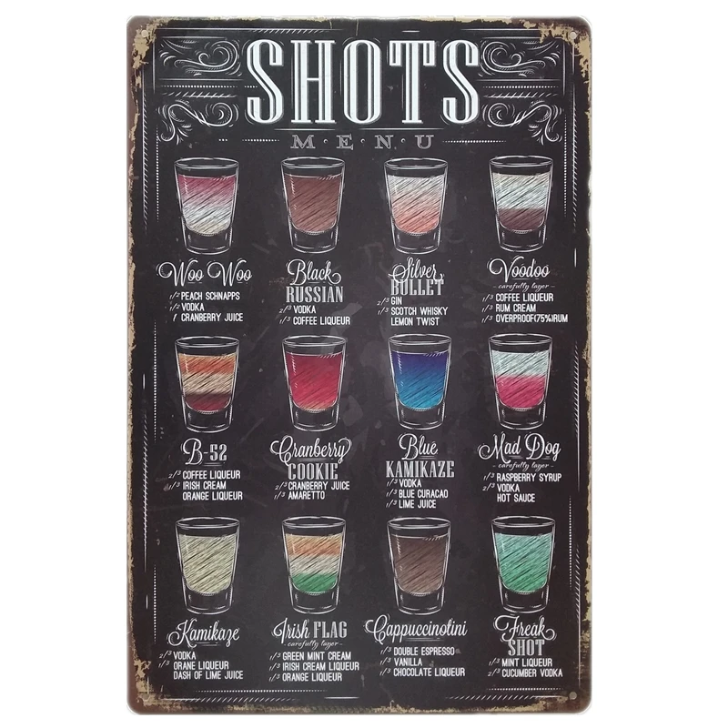Wine Shots Menu Antique Tin Signs Vintage Bar Pub Wall Stickers Decor Decorations
Wine Shots Menu Antique Tin Signs Vintage Bar Pub Wall Stickers Decor Decorations