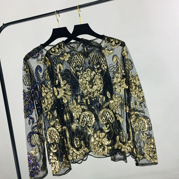 New Women Mesh Hollow Out Splicing Nail Beading Flowers Pullover Shirt Female Sexy Slim Long Sleeve Blouse Ladies Sequined Suits
New Women Mesh Hollow Out Splicing Nail Beading Flowers Pullover Shirt Female Sexy Slim Long Sleeve Blouse Ladies Sequined Suits